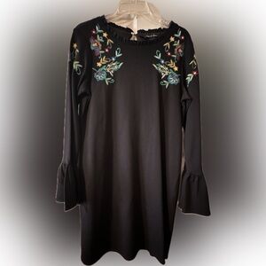 Black Embroidered Long Sleeve Dress with Bell Cuffs
